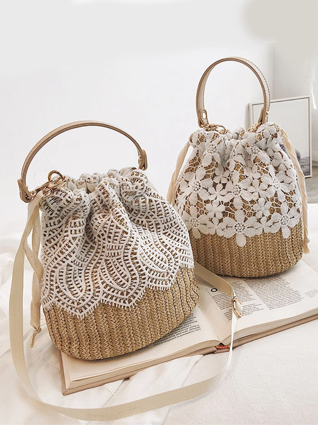 Versatile Lace-Accented Woven Crossbody Bucket Bag