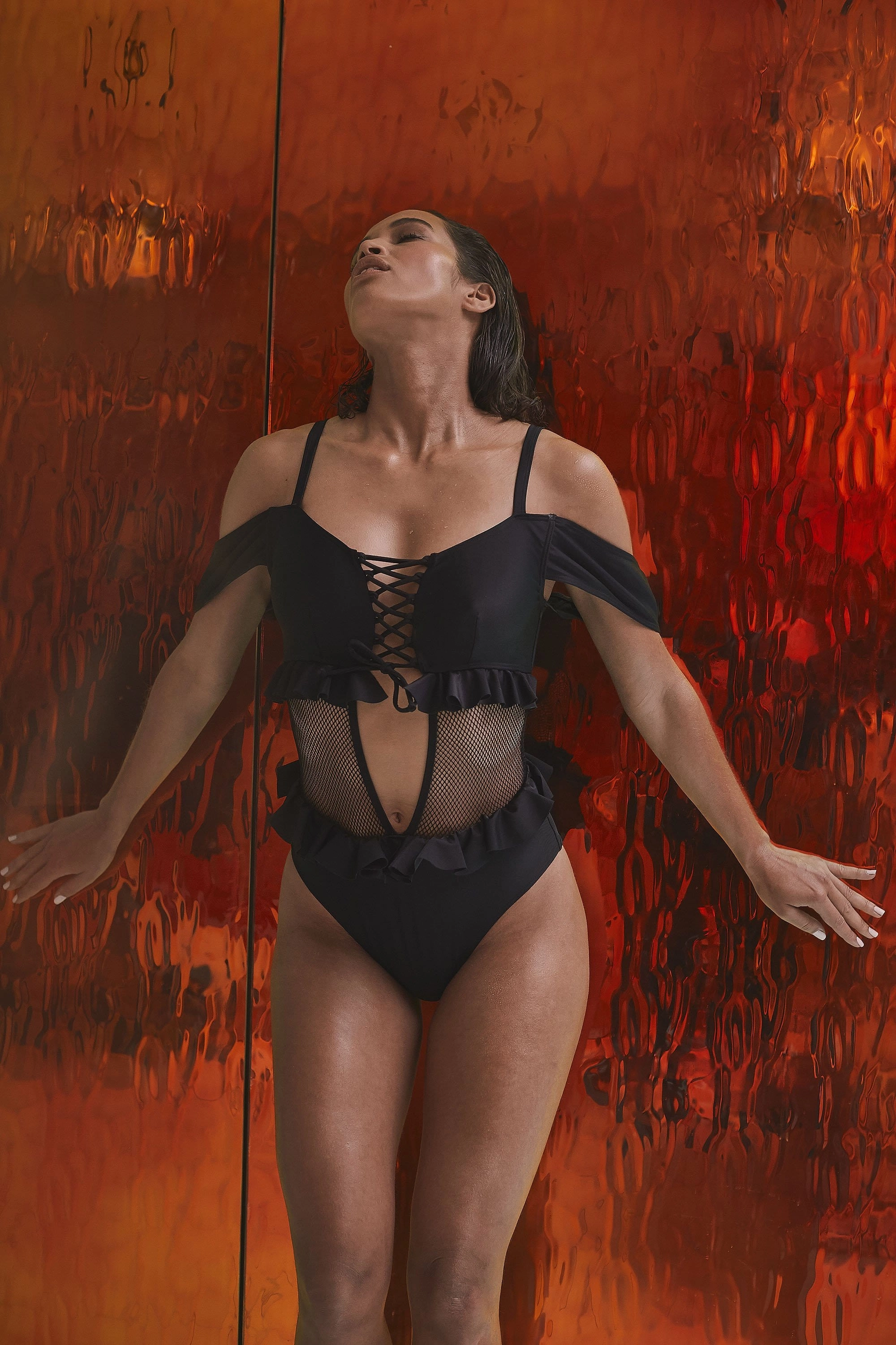 Wolf & Whistle Black Lace Up Swimsuit